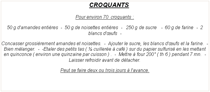 Zone de Texte:      CROQUANTSPour environ 70  croquants&nbsp;:50 g d�amandes enti�res  -  50 g de noisettes enti�res  -   250 g de sucre   -  60 g de farine  -  2 blancs d��ufs  -  Concasser grossi�rement amandes et noisettes.  -  Ajouter le sucre, les blancs d��ufs et la farine.  -  Bien m�langer.  -  -Etaler des petits tas ( � cuiller�e � caf� ) sur du papier sulfuris� en les mettant en quinconce ( environ une quinzaine par cuisson )&nbsp;.  -  Mettre � four 200� ( th 6 ) pendant 7 mn.  -  Laisser refroidir avant de d�tacher.Peut se faire deux ou trois jours � l�avance.