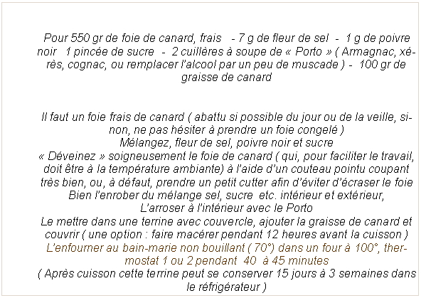 Zone de Texte: Pour 550 gr de foie de canard, frais   - 7 g de fleur de sel  -  1 g de poivre noir   1 pinc�e de sucre  -  2 cuill�res � soupe de �&nbsp;Porto&nbsp;� ( Armagnac, x�r�s, cognac, ou remplacer l�alcool par un peu de muscade ) -  100 gr de graisse de canardIl faut un foie frais de canard ( abattu si possible du jour ou de la veille, sinon, ne pas h�siter � prendre un foie congel� )M�langez, fleur de sel, poivre noir et sucre �&nbsp;D�veinez&nbsp;� soigneusement le foie de canard ( qui, pour faciliter le travail, doit �tre � la temp�rature ambiante) � l�aide d�un couteau pointu coupant tr�s bien, ou, � d�faut, prendre un petit cutter afin d��viter d��craser le foieBien l�enrober du m�lange sel, sucre  etc. int�rieur et ext�rieur,L�arroser � l�int�rieur avec le PortoLe mettre dans une terrine avec couvercle, ajouter la graisse de canard et couvrir ( une option : faire mac�rer pendant 12 heures avant la cuisson ) L�enfourner au bain-marie non bouillant ( 70�) dans un four � 100�, thermostat 1 ou 2 pendant  40  � 45 minutes ( Apr�s cuisson cette terrine peut se conserver 15 jours � 3 semaines dans le r�frig�rateur ) 