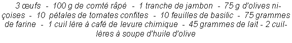 Zone de Texte:    3 �ufs  -  100 g de comt� r�p�  -  1 tranche de jambon  -  75 g d�olives ni�oises  -  10  p�tales de tomates confites  -  10 feuilles de basilic  -  75 grammes de farine  -  1 cuil l�re � caf� de levure chimique  -  45 grammes de lait - 2 cuill�res � soupe d�huile d�olive