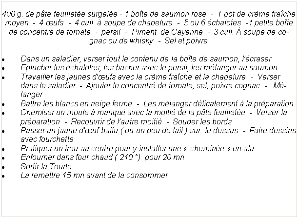Zone de Texte: 400 g. de p�te feuillet�e surgel�e - 1 bo�te de saumon rose  -  1 pot de cr�me fra�che moyen  -  4 �ufs  -  4 cuil. � soupe de chapelure  -  5 ou 6 �chalotes  -1 petite bo�te de concentr� de tomate  -  persil  -  Piment  de Cayenne  -  3 cuil. � soupe de cognac ou de whisky  -  Sel et poivreDans un saladier, verser tout le contenu de la bo�te de saumon, l��craserEplucher les �chalotes, les hacher avec le persil, les m�langer au saumonTravailler les jaunes d��ufs avec la cr�me fra�che et la chapelure  -  Verser dans le saladier  -  Ajouter le concentr� de tomate, sel, poivre cognac  -   M�langerBattre les blancs en neige ferme  -  Les m�langer d�licatement � la pr�parationChemiser un moule � manqu� avec la moiti� de la p�te feuillet�e  -  Verser la pr�paration  -  Recouvrir de l�autre moiti�  -  Souder les bordsPasser un jaune d��uf battu ( ou un peu de lait ) sur  le dessus  -  Faire dessins avec fourchettePratiquer un trou au centre pour y installer une �&nbsp;chemin�e&nbsp;� en aluEnfourner dans four chaud ( 210 �)  pour 20 mnSortir la TourteLa remettre 15 mn avant de la consommer