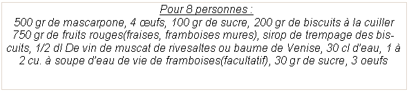 Zone de Texte:   Pour 8 personnes :500 gr de mascarpone, 4 �ufs, 100 gr de sucre, 200 gr de biscuits � la cuiller750 gr de fruits rouges(fraises, framboises mures), sirop de trempage des biscuits, 1/2 dl De vin de muscat de rivesaltes ou baume de Venise, 30 cl d�eau, 1 � 2 cu. � soupe d�eau de vie de framboises(facultatif), 30 gr de sucre, 3 oeufs 